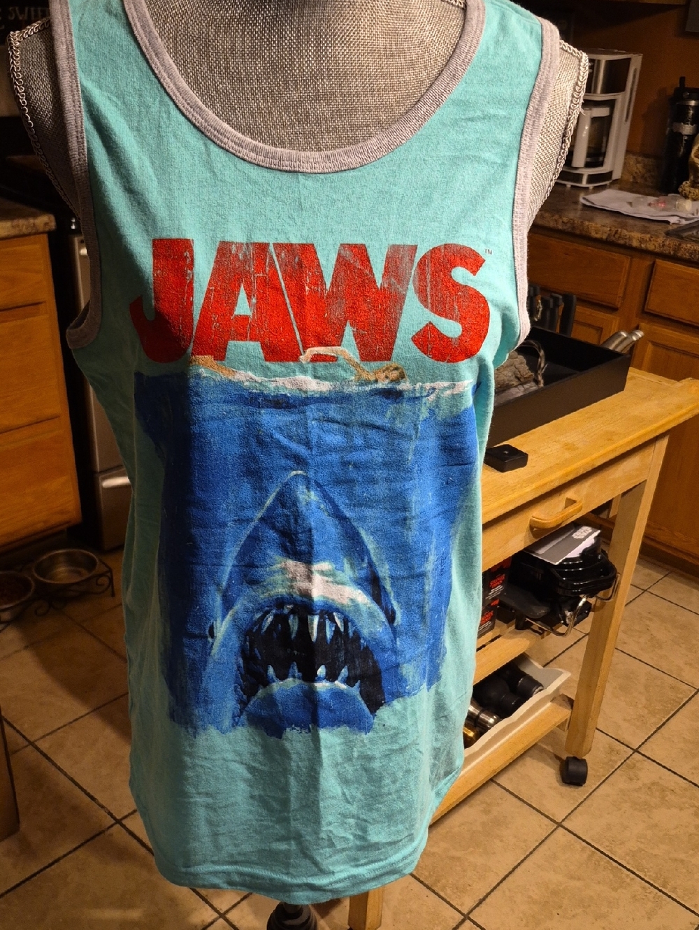 JAWS Graphic Tank Top in Aqua with Red Logo